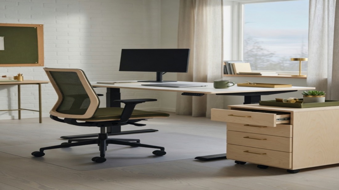 Höj- och sänkbart skrivbord i höjt läge med ergonomisk mesh-stol och hurts i björk