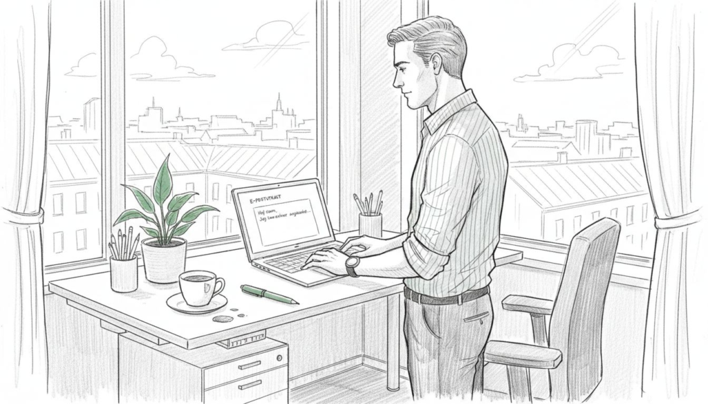 Man jobbar stående vid sitt höj- och sänkbara skrivbord på kontoret.