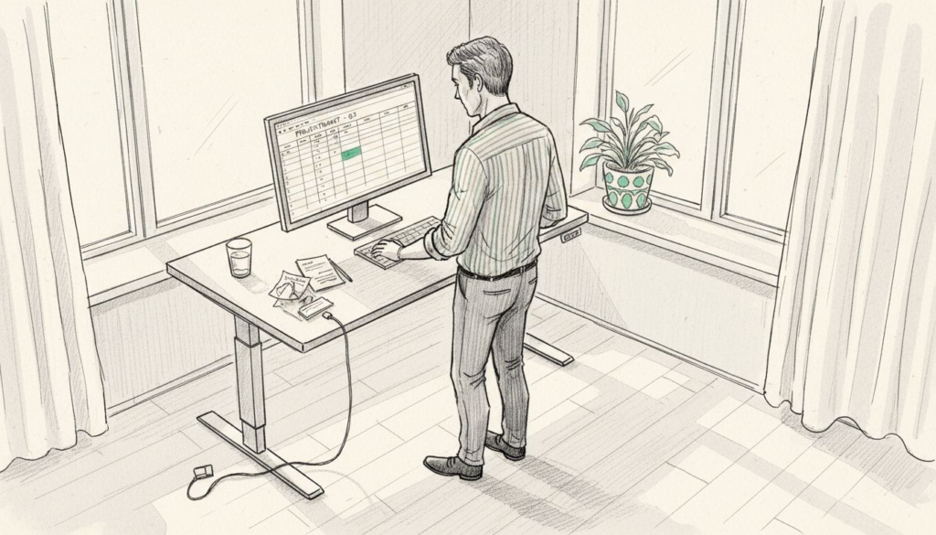 Man jobbar vid ett höj- och sänkbart skrivbord