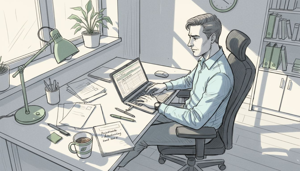 En person provar en ny kontorsstol vid fönsterplatsen i det ljusa hörnkontoret.