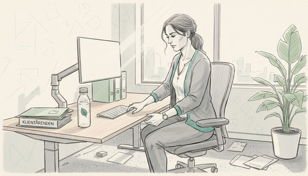 En medarbetare justerar sin ergonomiska stol vid skrivbordet i hörnet.