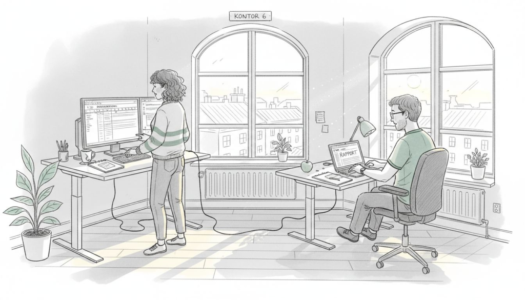 Medarbetare som jobbar vid höj- och sänkbara skrivbord i hörnkontoret.