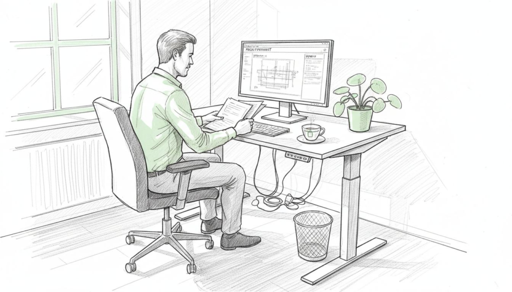 En man sitter och jobbar vid sitt skrivbord på kontoret medan solljuset strömmar in genom fönstret.