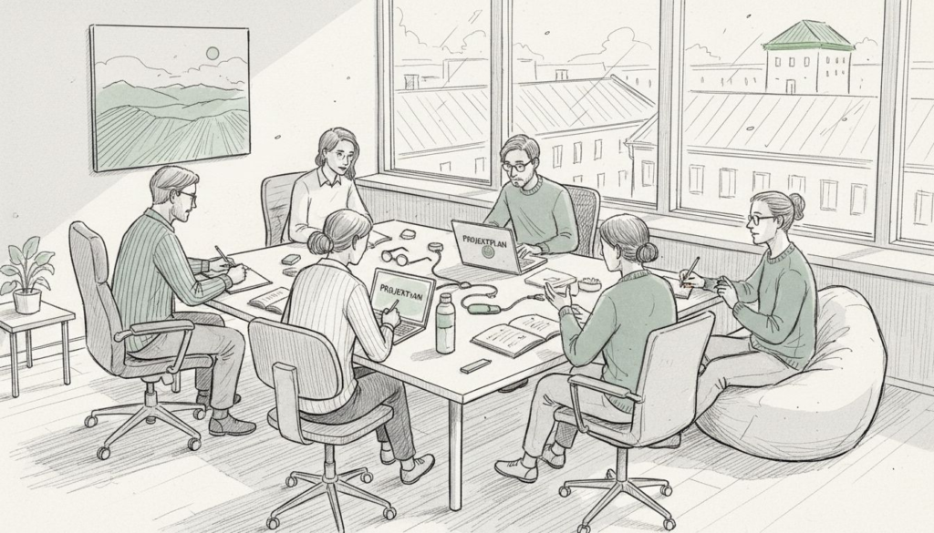 Sex personer sitter i hörnkontoret, alla med varsin kontorsstol av olika modell.