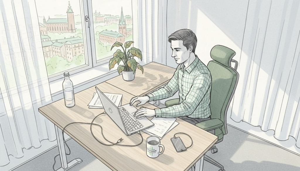 En person ställer in sin ergonomiska kontorsstol på ett svenskt kontor.