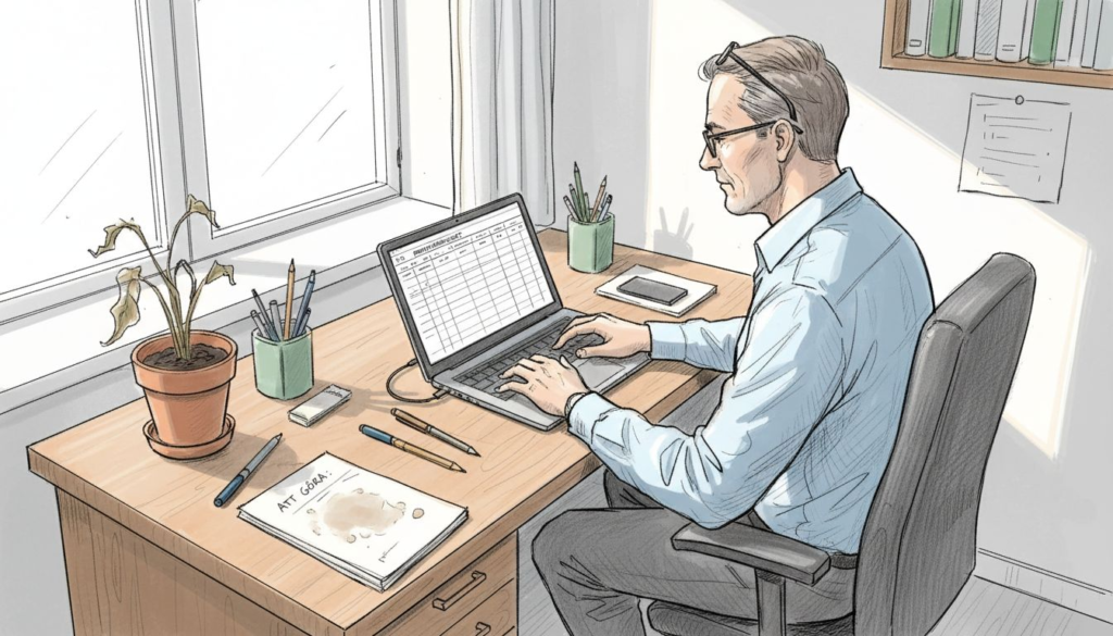 Man sitter och jobbar vid ett handgjort skrivbord i sitt hörnkontor.