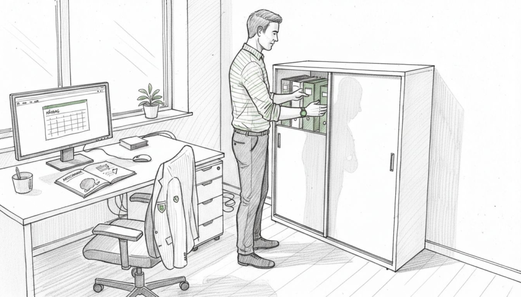 Någon sorterar pärmar i ett litet kontorsskåp.