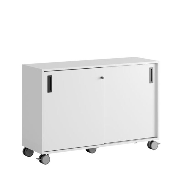 Origpic c e — Småland Skjutdörrsskåp med hjul – Bredd 120 cm x Höjd 81 cm, Vit, grå eller ek. Från: