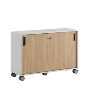 Origpic a c — Småland Skjutdörrsskåp med hjul – Bredd 120 cm x Höjd 81 cm, Vit, grå eller ek. Från: