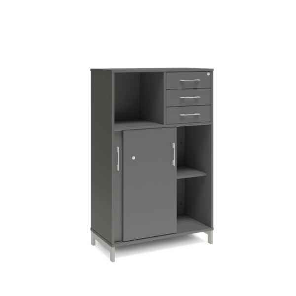 Origpic b e — Bokhylla med delvis skjutdörrar & lådor DNA – MÖRKGRÅ – 2 storlekar. Från: