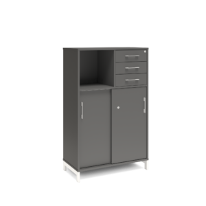 Origpic d e — Bokhylla med delvis skjutdörrar & lådor DNA – MÖRKGRÅ – 2 storlekar. Från: