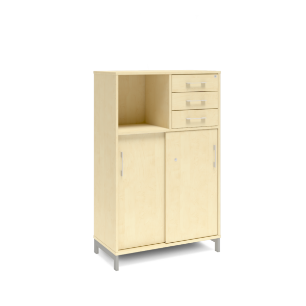 Origpic c e — Bokhylla med delvis skjutdörrar & lådor DNA – BJÖRK – 2 storlekar. Från: