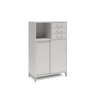 Origpic d — Bokhylla med delvis skjutdörrar & lådor DNA – LJUSGRÅ – 2 storlekar. Från: