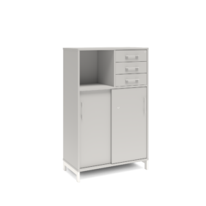 Origpic — Bokhylla med delvis skjutdörrar & lådor DNA – LJUSGRÅ – 2 storlekar. Från: