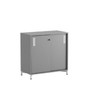 Origpic f e — Småland Skjutdörrskåp grå med metallfötter – Bredd 80 cm x Höjd 73,5 cm – Dörrar Vit, grå