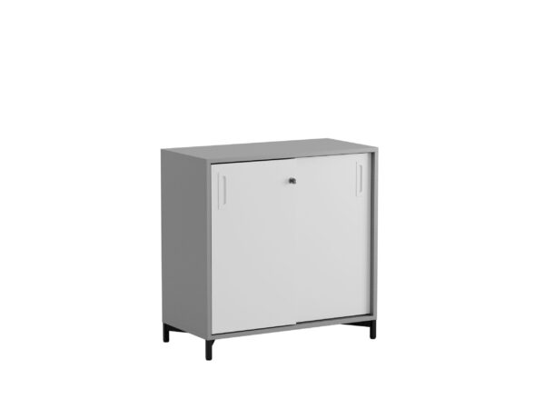 Origpic c b — Småland Skjutdörrskåp grå med metallfötter – Bredd 80 cm x Höjd 73,5 cm – Dörrar Vit, grå