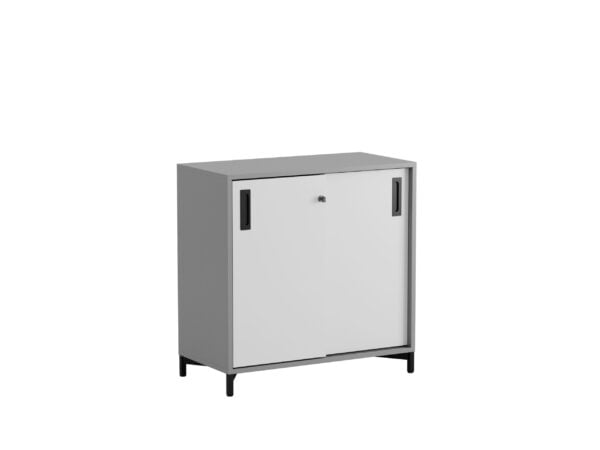 Origpic a d — Småland Skjutdörrskåp grå med metallfötter – Bredd 80 cm x Höjd 73,5 cm – Dörrar Vit, grå
