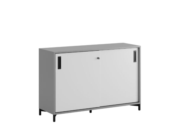 Origpic fe a — Småland Skjutdörrskåp grå med metallfötter – Bredd 120 cm x Höjd 80 cm, Vit, grå eller ek. Frå