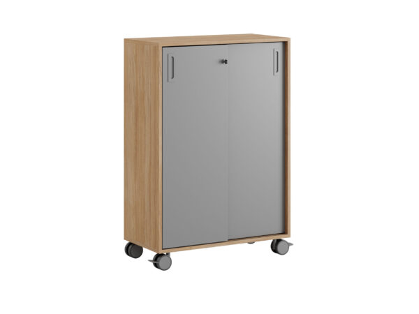 Origpic f — Småland Skjutdörrskåp ek med hjul – Bredd 80 cm x Höjd 116 cm, Vit, grå eller ek. Från: