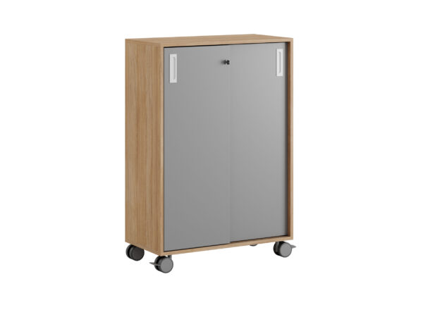 Origpic — Småland Skjutdörrskåp ek med hjul – Bredd 80 cm x Höjd 116 cm, Vit, grå eller ek. Från: