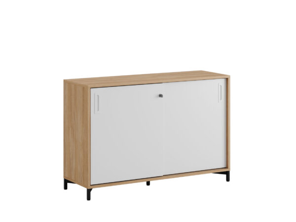Origpic b b — Småland Skjutdörrskåp ek med metallfötter – Bredd 120 cm x Höjd 80 cm, Vit, grå eller ek. Från: