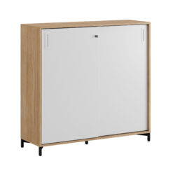 Origpic a e — Småland Skjutdörrskåp ek med metallfötter – Bredd 120 cm x Höjd 115,5 cm, Vit, grå eller ek. Frå