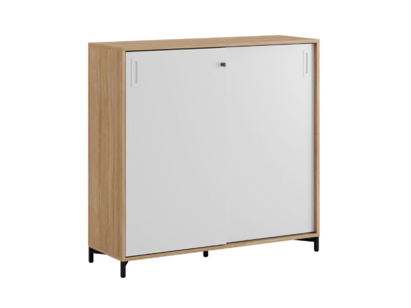 Origpic a e — Småland Skjutdörrskåp ek med metallfötter – Bredd 120 cm x Höjd 115,5 cm, Vit, grå eller ek. Frå