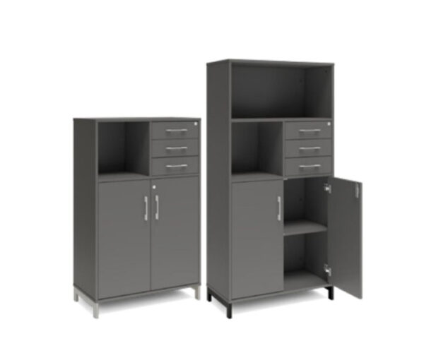 Bokhylla med delvis dörrar  & lådor DNA – MÖRKGRÅ – 2 storlekar. Från: