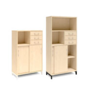 Bokhylla med delvis skjutdörrar & lådor DNA – BJÖRK – 2 storlekar. Från: