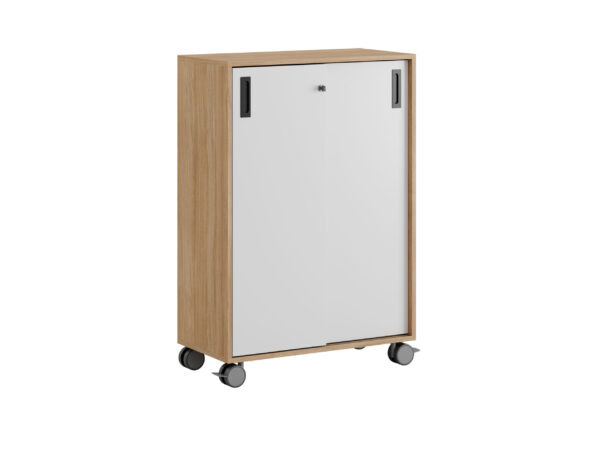 Småland Skjutdörrskåp ek med hjul – Bredd 80 cm x Höjd 116 cm, Vit, grå eller ek. Från: