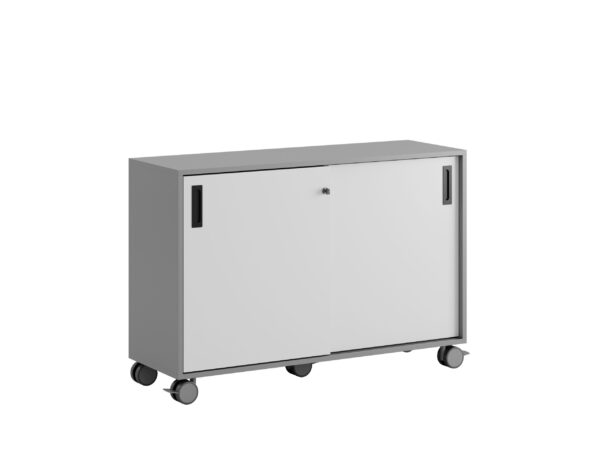 Småland Skjutdörrskåp grå med hjul – Bredd 120 cm x Höjd 81 cm, Vit, grå eller ek. Från: