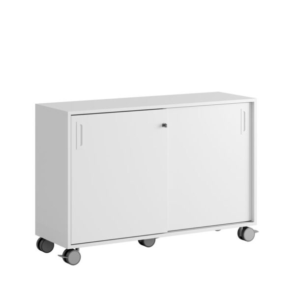 Småland Skjutdörrsskåp med hjul – Bredd 120 cm x Höjd 81 cm, Vit, grå eller ek. Från: