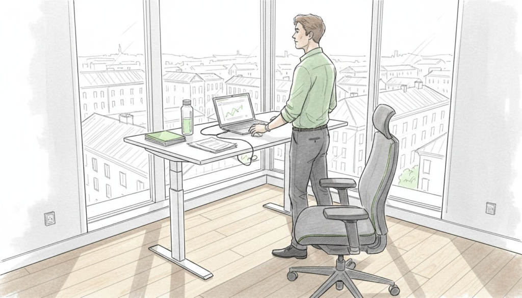 En person ställer in sitt höj- och sänkbara skrivbord på kontoret.