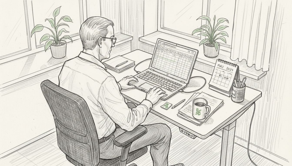 En kontorsanställd som jobbar vid ett ergonomiskt utformat skrivbord