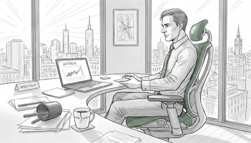 En medarbetare justerar sin ergonomiska kontorsstol i det ljusa, soliga kontoret.