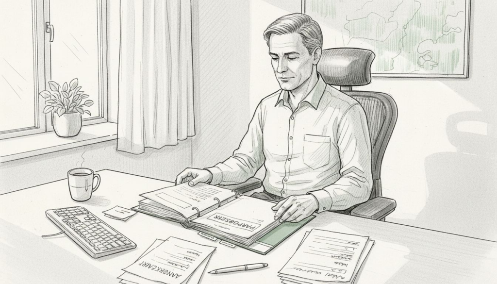 Chefen sitter bekvämt i sin ergonomiska stol i det rymliga hörnkontoret.