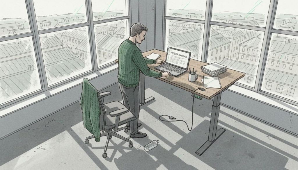 En person anpassar sitt modulära skrivbord för att passa perfekt i hörnet av sitt kontor.