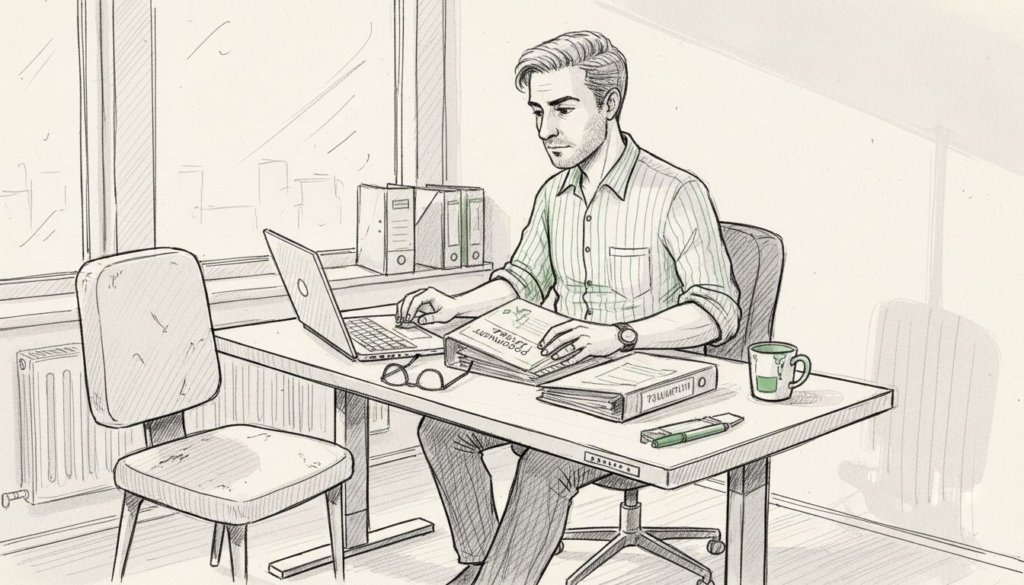 En entreprenör sitter och jobbar vid skrivbordet i ett litet kontorshörn.