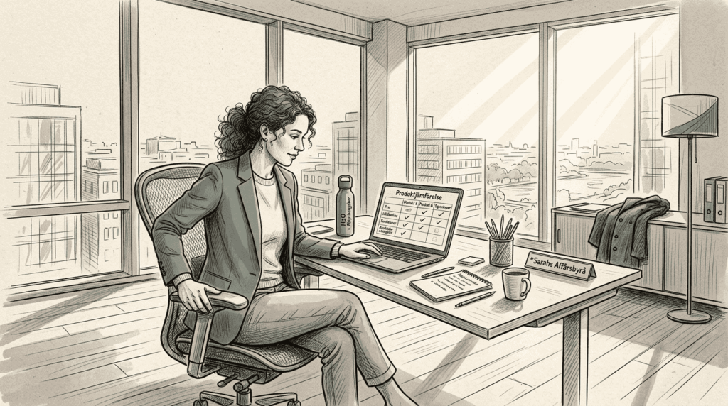 Företagsägaren justerar sin ergonomiska kontorsstol i det ljusa kontorslandskapet.