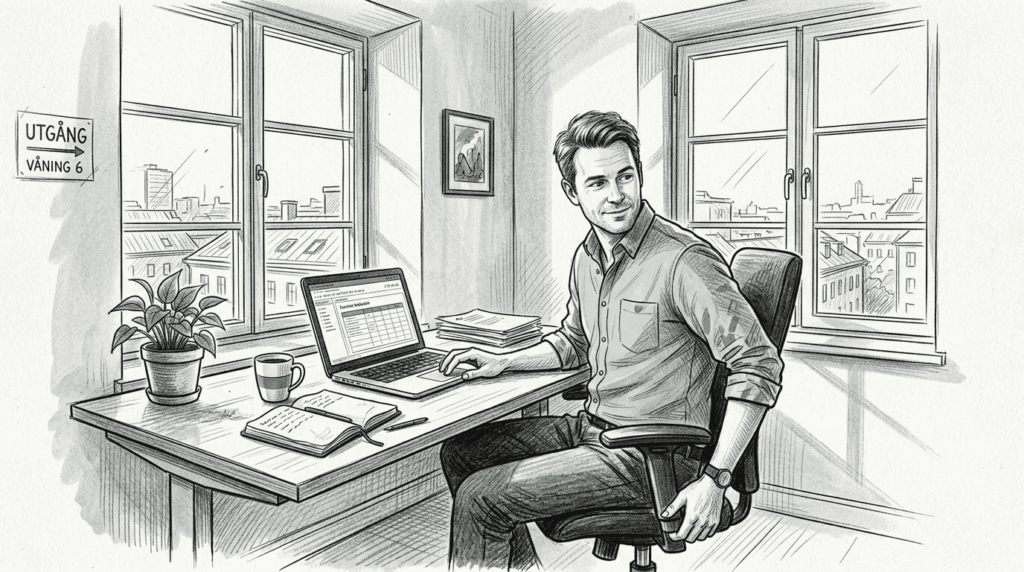 En småföretagare ställer in sin ergonomiska kontorsstol vid skrivbordet för att få en bekväm arbetsställning.