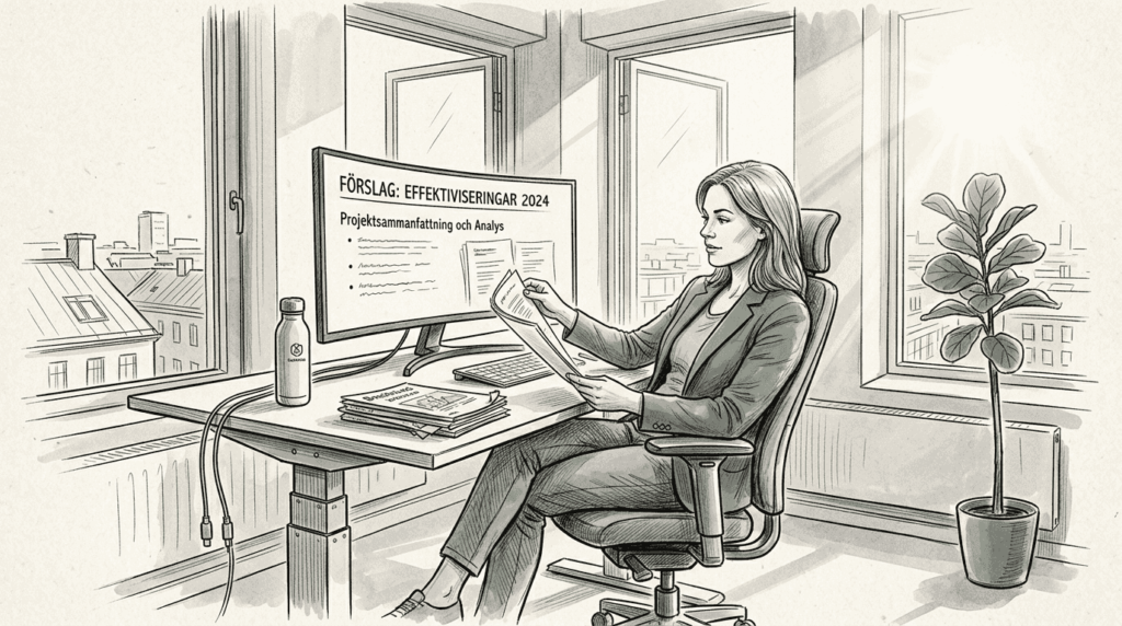 En kvinna arbetar vid ett miljövänligt skrivbord i ett ljust och soligt kontor.