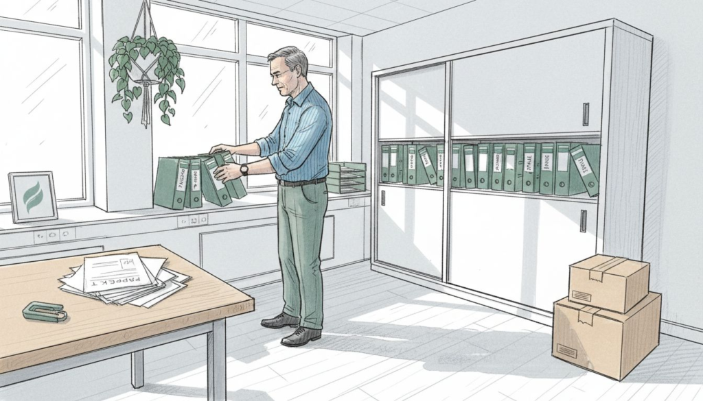 På många rest Sopoffice ready kontor förvaras pärmar smidigt i skåp med skjutdörrar.