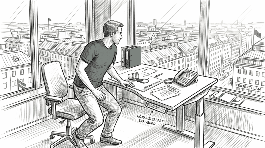 I hörnkontoret vevar man upp sitt skrivbord till ståhöjd.