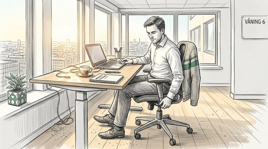 En person ställer in sin ergonomiska stol vid skrivbordet på kontoret.